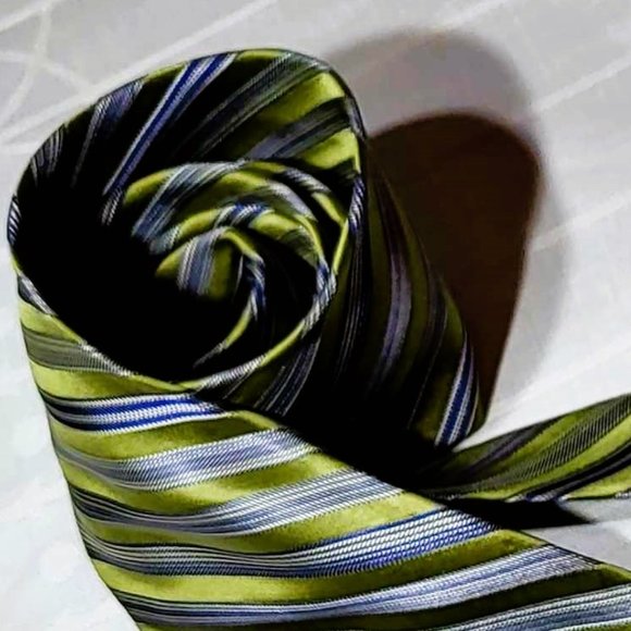 NICOLE MILLER NEW YORK designer Men's tie,  All Silk Green Blue Striped Pattern - Picture 9 of 14